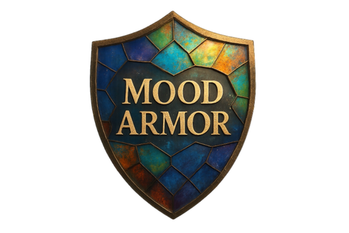 Decorative shield with 'Mood Armor' text on a transparent background